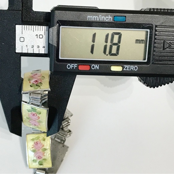 Sterling Silver Guilloche Vintage Rose Enamel Link Plate Bracelet 6.5" Cottage - Picture 14 of 16